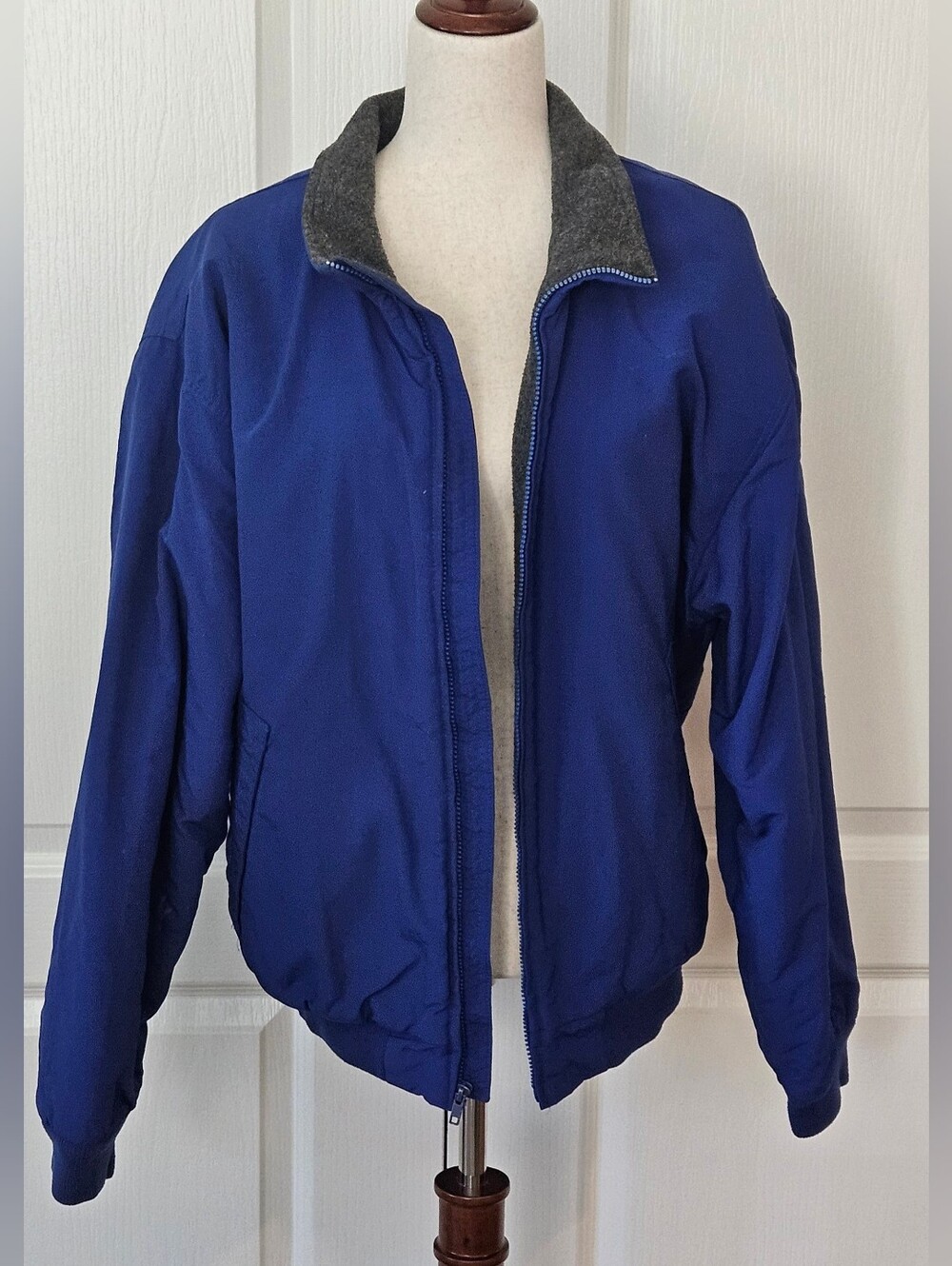 Vintage 90s J.Crew Fleece Lined Nylon Bomber Jacket Men's L Blue USA Flawed